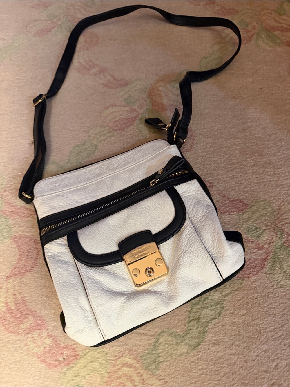 Emma Fox Leather White and Black Crossbody Bag with Gold Hardware